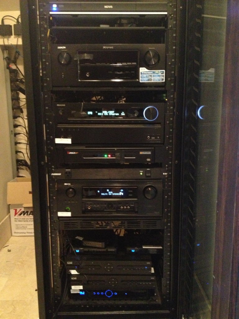 home audio/video organization rack with electronic components